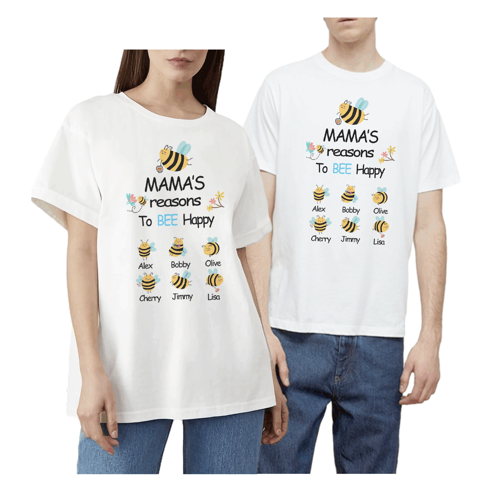 Personalized Printed Mama's Reason to Bee Happy T-shirt with Custom Name