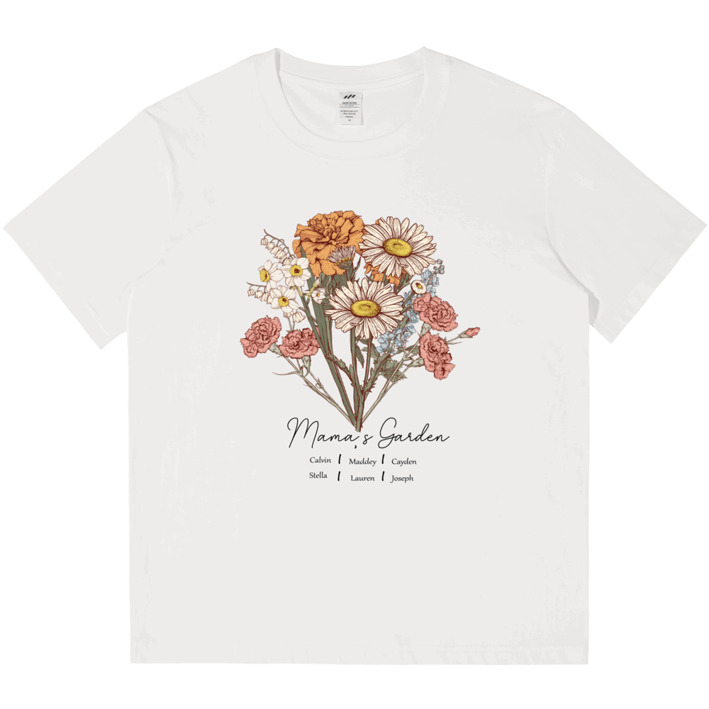 Personalized Printed Birth Flower Combination T-shirt with Custom Name