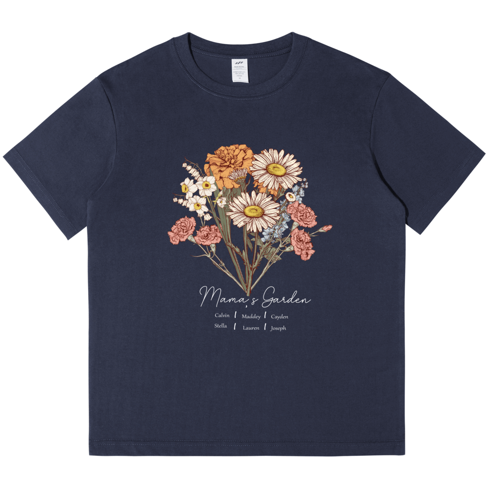 Personalized Printed Birth Flower Combination T-shirt with Custom Name