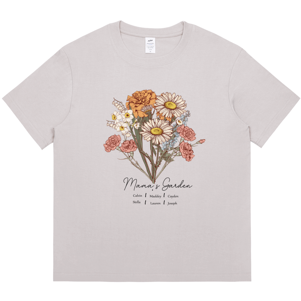 Personalized Printed Birth Flower Combination T-shirt with Custom Name