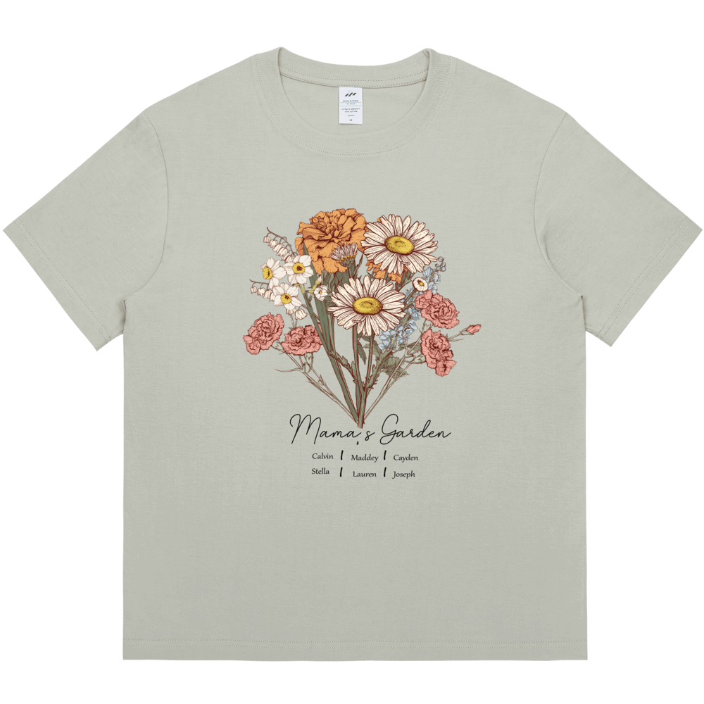 Personalized Printed Birth Flower Combination T-shirt with Custom Name