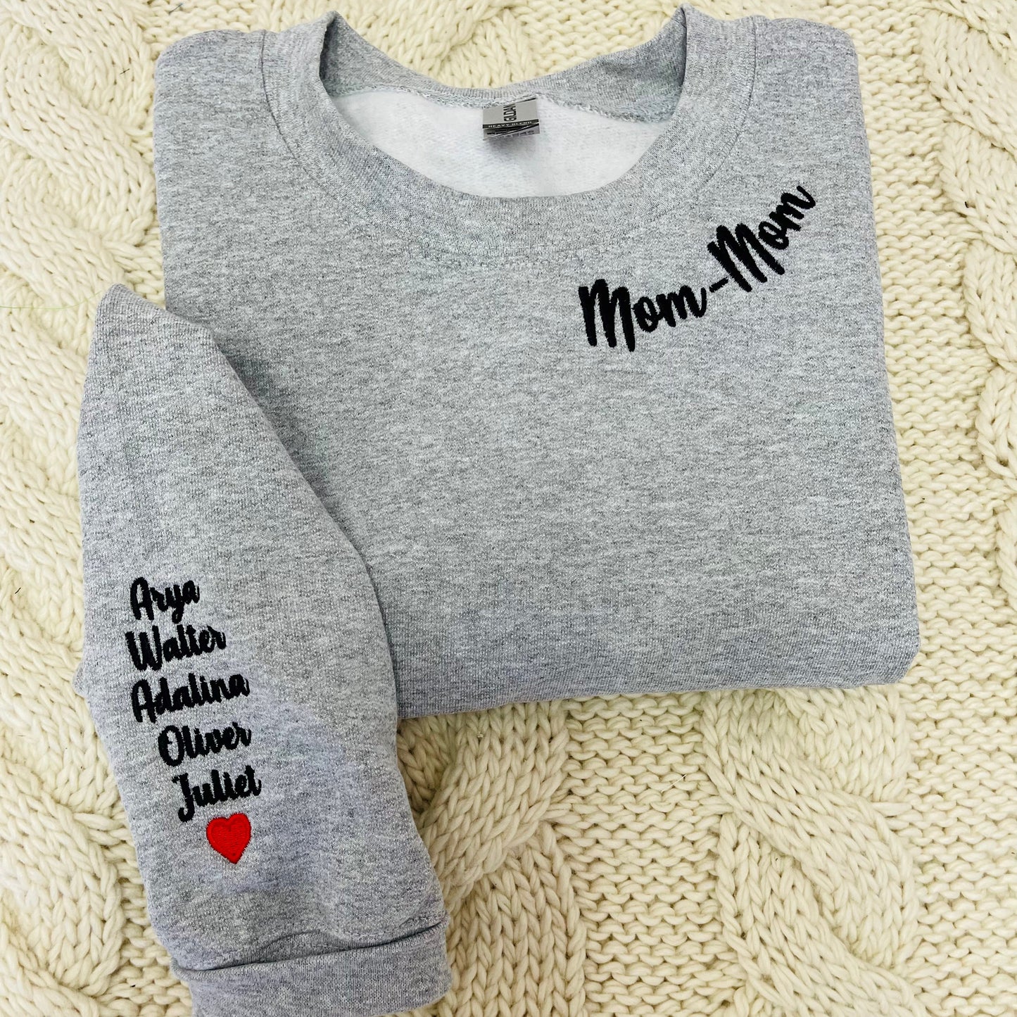 Custom Embroidered Mama Sweatshirt with Kids Name on Sleeve