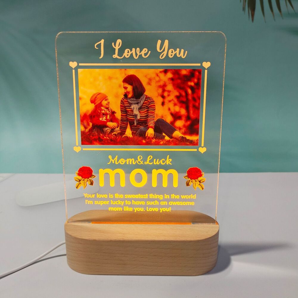 Personalized Mother's Day Acrylic Color Printed Photo Wooden Oval Base Engraving Night Light Ornament