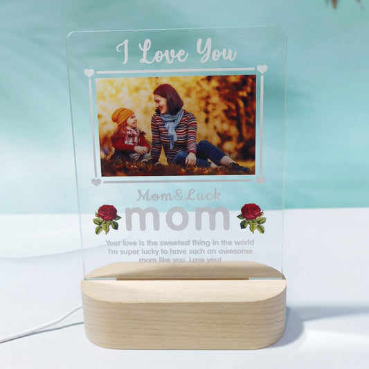 Personalized Mother's Day Acrylic Color Printed Photo Wooden Oval Base Engraving Night Light Ornament