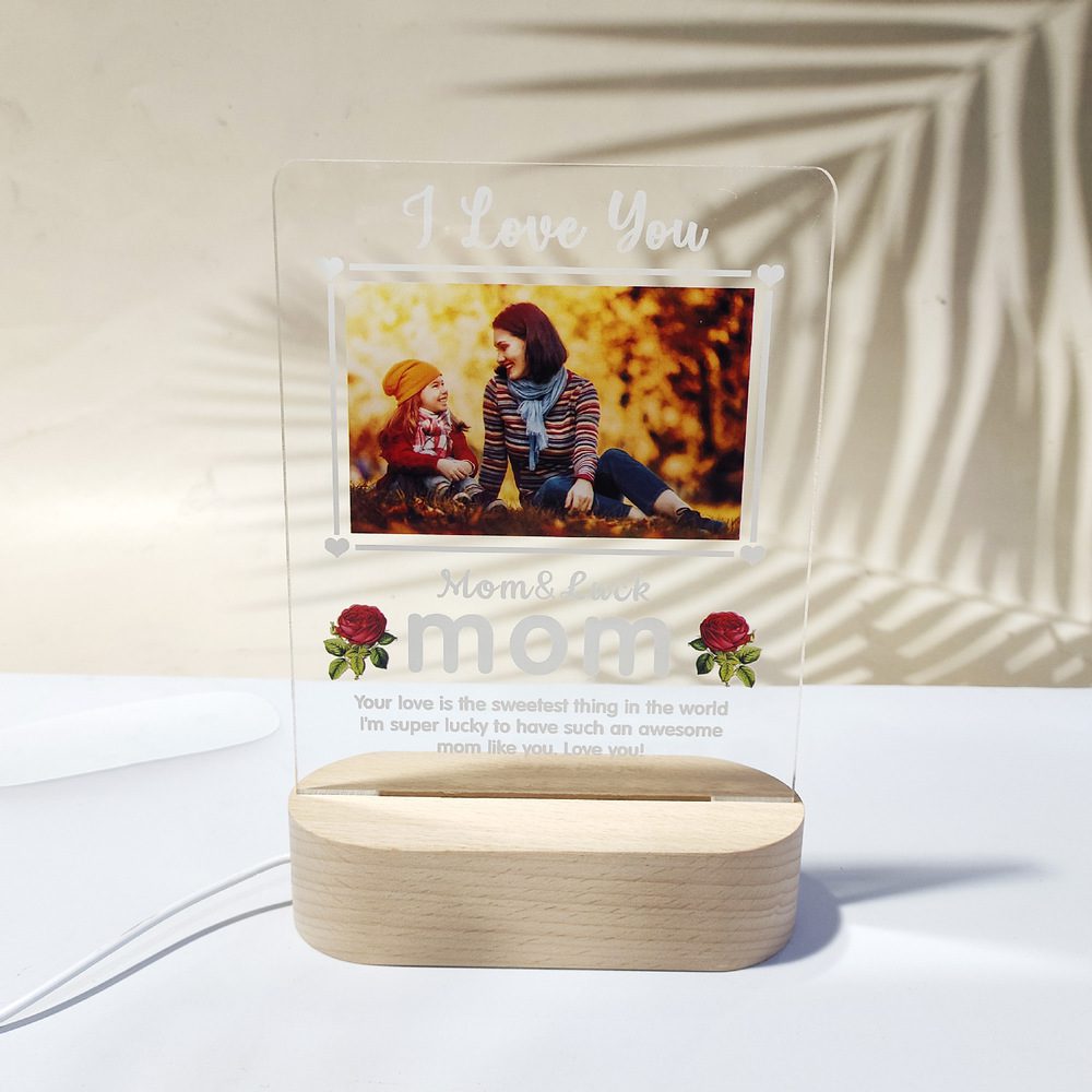 Personalized Mother's Day Acrylic Color Printed Photo Wooden Oval Base Engraving Night Light Ornament