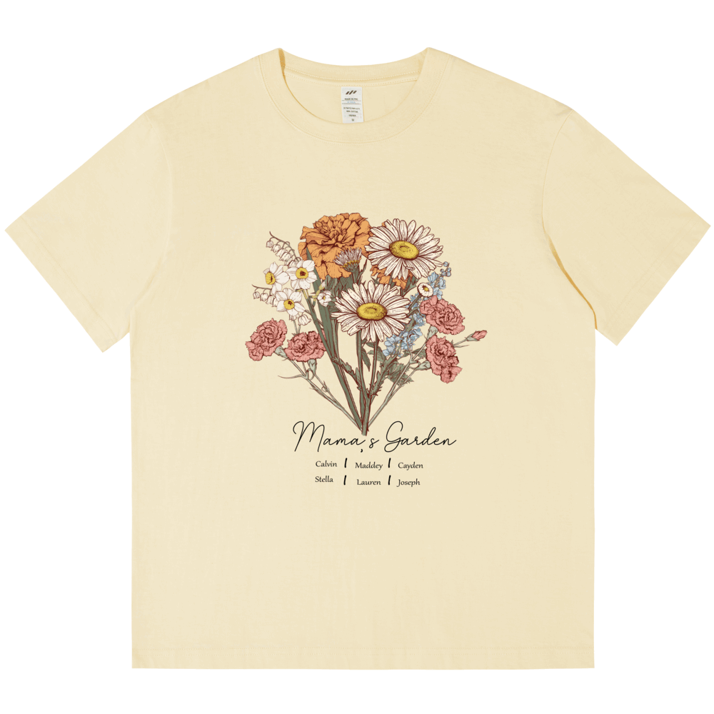 Personalized Printed Birth Flower Combination T-shirt with Custom Name