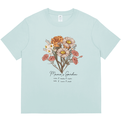 Personalized Printed Birth Flower Combination T-shirt with Custom Name