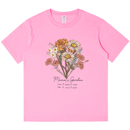 Personalized Printed Birth Flower Combination T-shirt with Custom Name