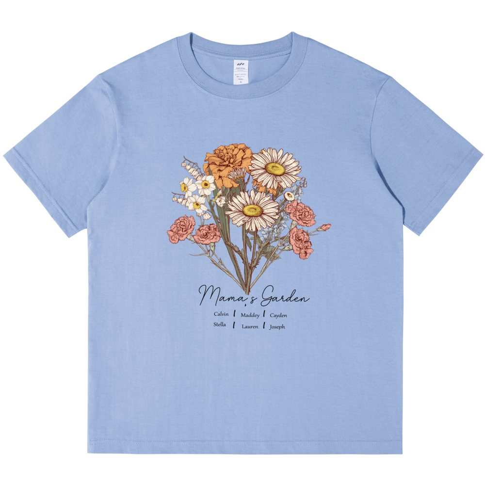 Personalized Printed Birth Flower Combination T-shirt with Custom Name