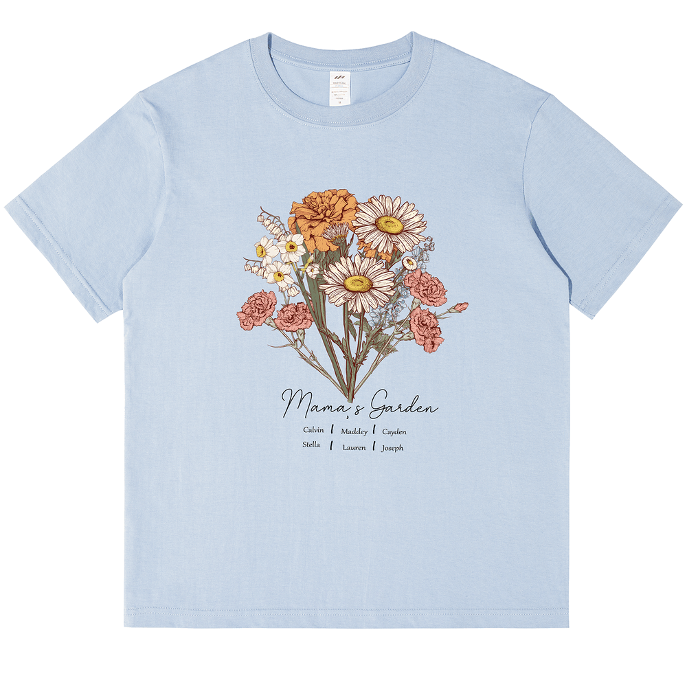 Personalized Printed Birth Flower Combination T-shirt with Custom Name