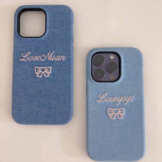 Custom Personalized Embroidered Denim Phone Case with Embroidered Name, Anniversary