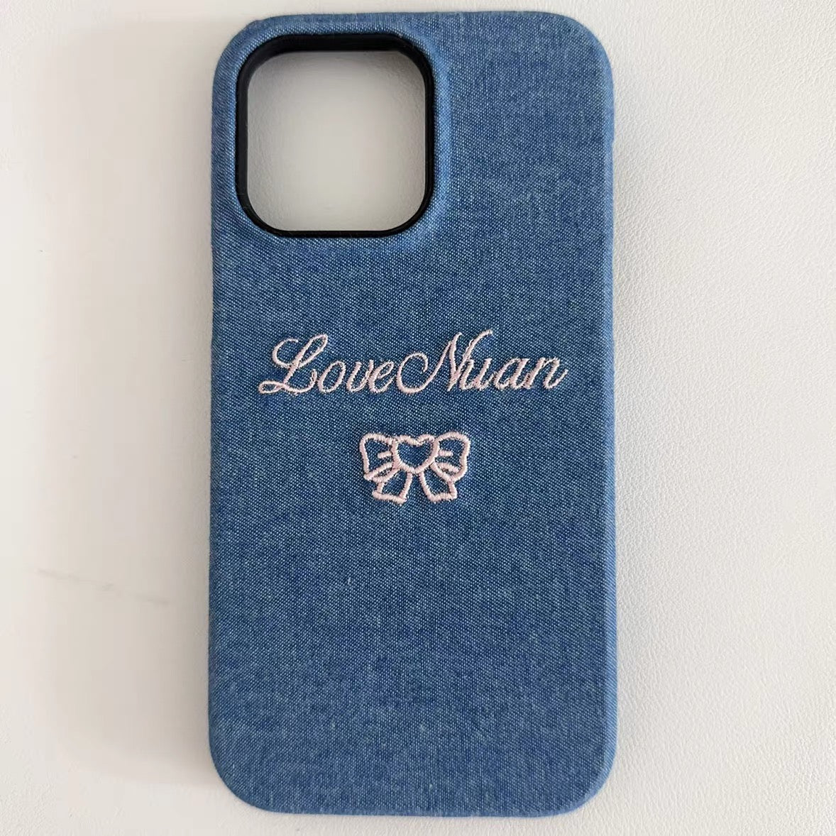 Custom Personalized Embroidered Denim Phone Case with Embroidered Name, Anniversary