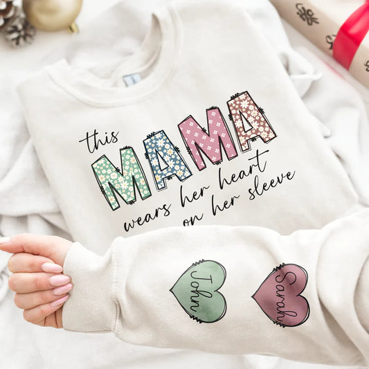 Personalized Mama Wears her heart on her Sleeves Sweatshirt