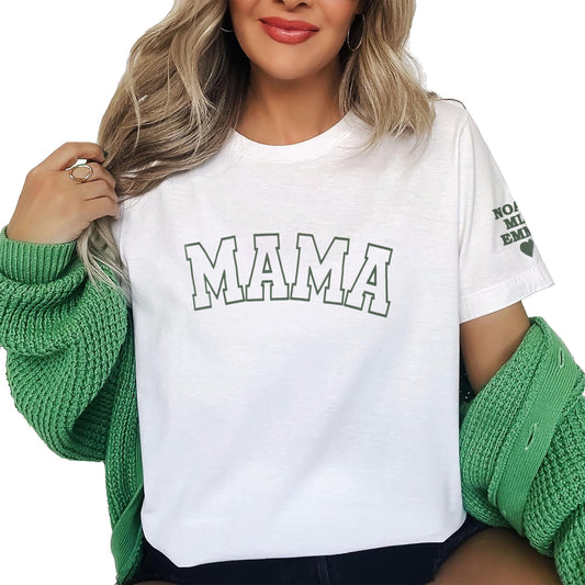 Puff Print Personalized Mama T-shirt with Kid Names on Sleeve