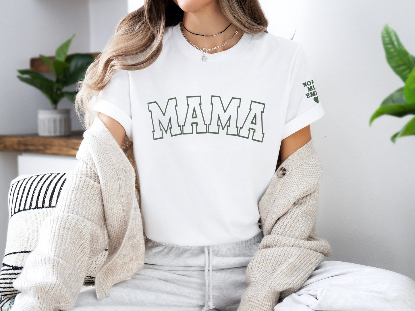 Puff Print Personalized Mama T-shirt with Kid Names on Sleeve